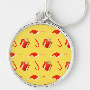 Christmas gift box Santa hat candy cane Key Ring