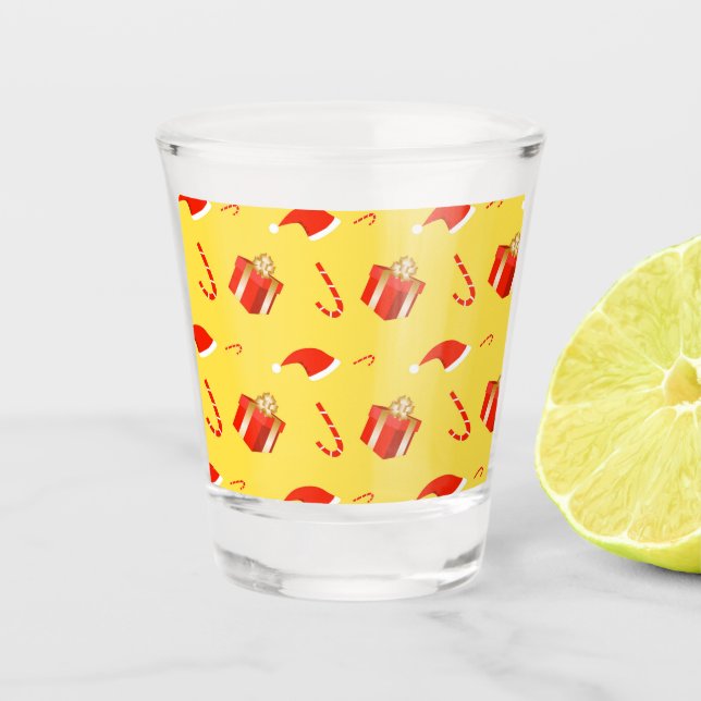 Christmas gift box Santa hat candy cane Shot Glass (Front)