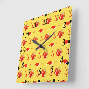 Christmas gift box Santa hat candy cane Square Wall Clock