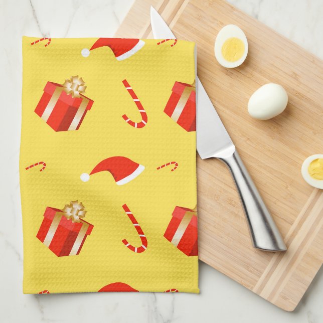 Christmas gift box Santa hat candy cane Tea Towel (Quarter Fold)