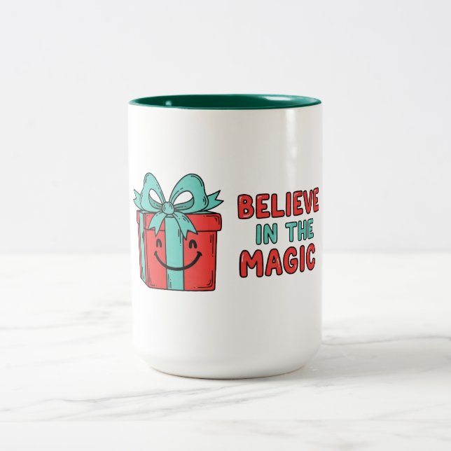Christmas Gift Box with Cheerful Message Two-Tone Coffee Mug (Center)