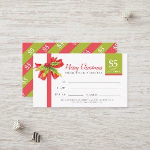Christmas gift card green red ribbon $5