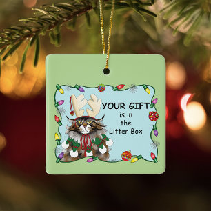 Christmas Gift Cat Green Funny Ceramic Ornament