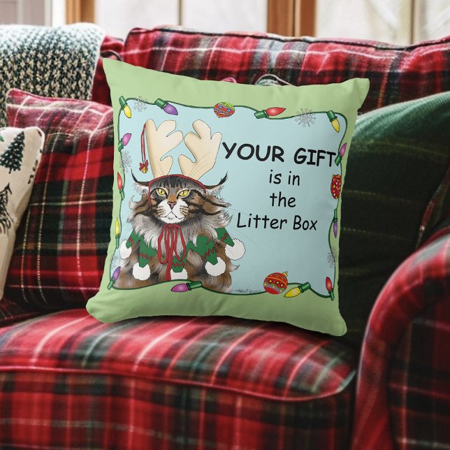 Christmas Gift Cat Green Funny Cushion (Creator Uploaded)