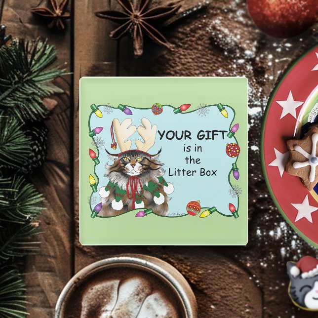 Christmas Gift Cat Green Funny Glass Coaster (Creator Uploaded)