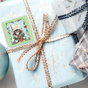 Christmas Gift Cat Green Funny Square Sticker