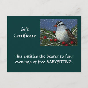 CHRISTMAS GIFT CERTIFICATE: ARTWORK: BIRD POSTCARD