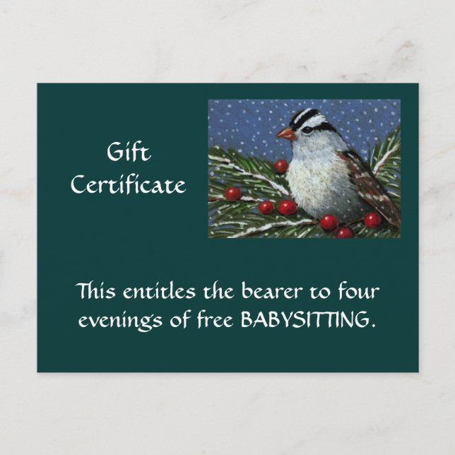 CHRISTMAS GIFT CERTIFICATE: ARTWORK: BIRD POSTCARD (Front)