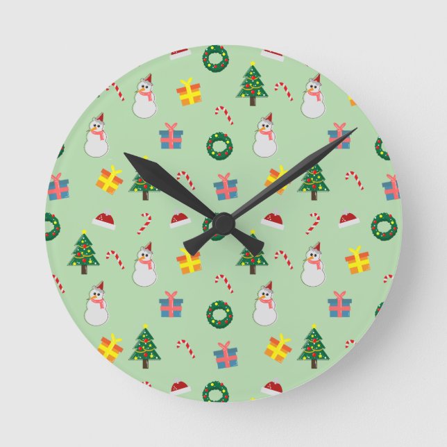 Christmas Gift – Cute Holiday Pattern with Snowman Round Clock (Front)