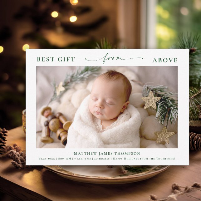 Christmas Gift from Above Green Elegant Baby Photo Holiday Card (best gift from above baby christmas card minimalist simple photo calligraphy elegant christian green)