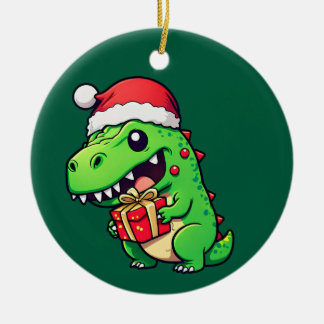 Christmas gift giving dinosaur ceramic ornament