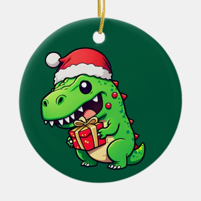 Christmas gift giving dinosaur ceramic ornament (Front)
