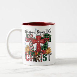 Christmas Gift Merry Xmas Plaid Religious Cross  Two-Tone Coffee Mug