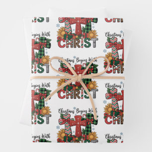 Christmas Gift Merry Xmas Plaid Religious Cross Wrapping Paper Sheet