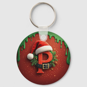 Christmas gift Monogram P with Santa Hat Key Ring