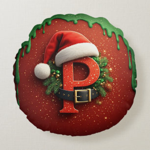 Christmas gift Monogram P with Santa Hat  Round Cushion