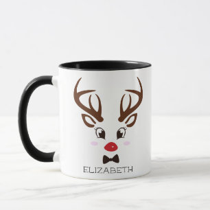 Christmas Gift Personalised Reindeer Face Black Mug