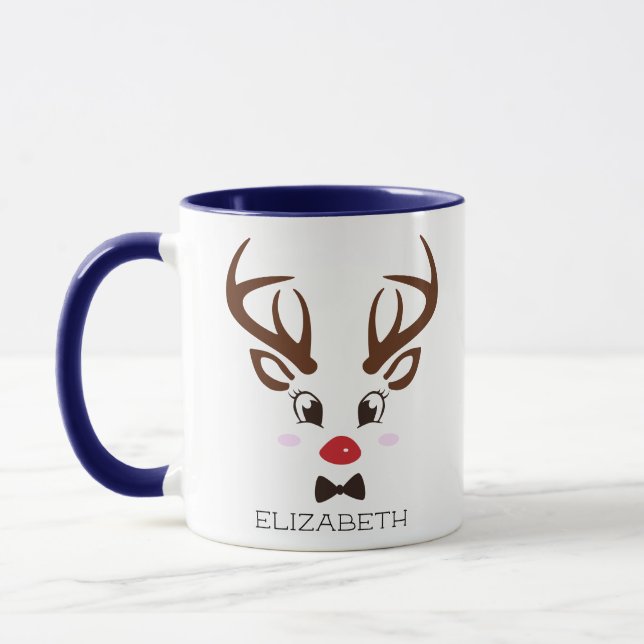 Christmas Gift Personalised Reindeer Face Blue Mug (Left)