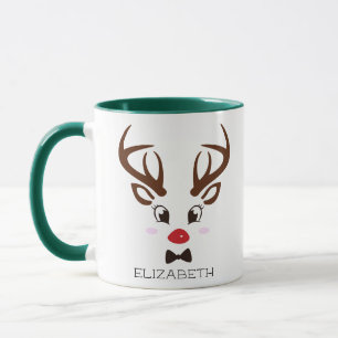 Christmas Gift Personalised Reindeer Face Green Mug