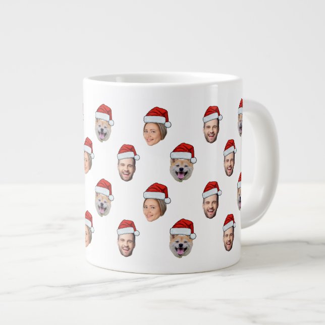 Christmas Gift Santa Hat Personalised Face 3 Photo Large Coffee Mug (Front Right)