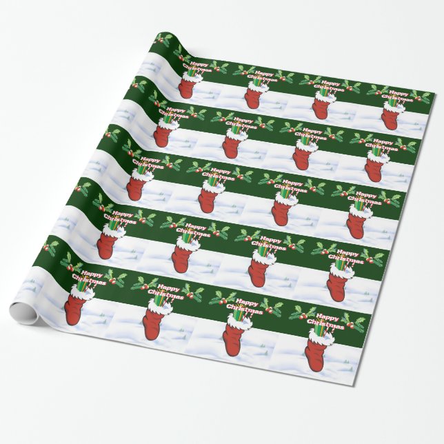 Christmas Gift sock, holly sprigs and snowscene Wrapping Paper (Unrolled)