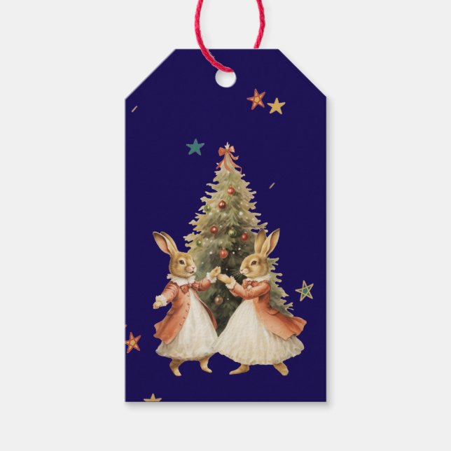 CHRISTMAS GIFT TAG DANCING BUNNIES WITH TREE (Front)