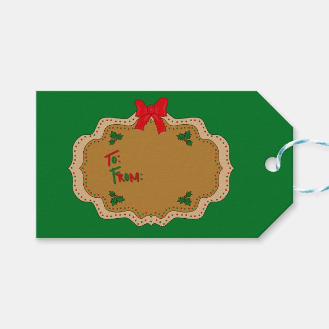 Christmas Gift Tag with Holly, HOHOHO, Santa Hats (Front (Horizontal))