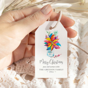 Christmas Gift Tags Colourful Watercolor Poinsetti