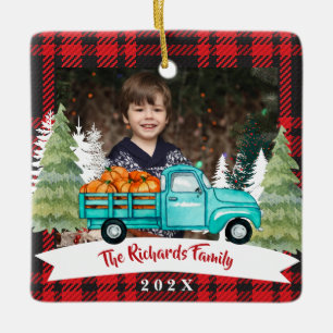 Christmas Gift Truck Tree Delivery Red Plaid Ceramic Ornament