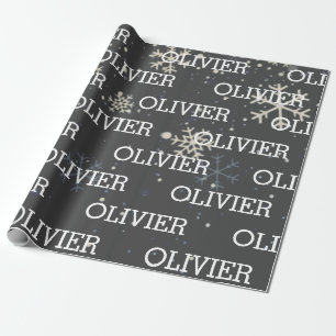 Christmas Gift Wrap Snowflakes Name grey Festive