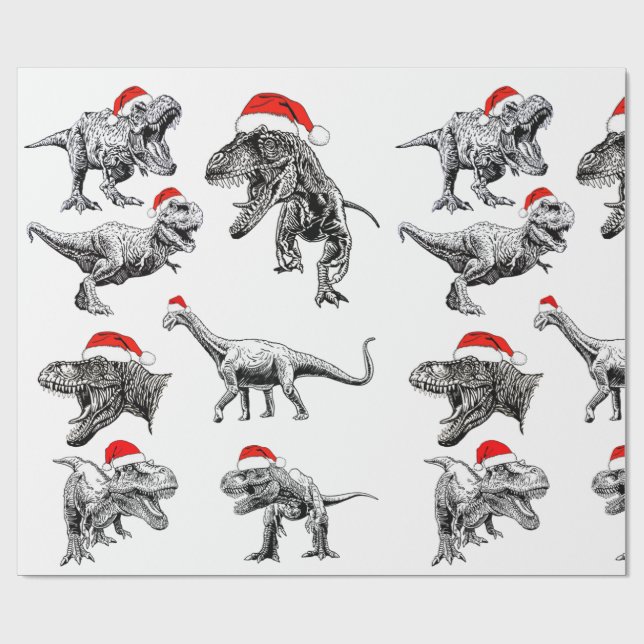 CHRISTMAS GIFT WRAP WITH DINOSAURS WITH SANTA HATS (Flat)