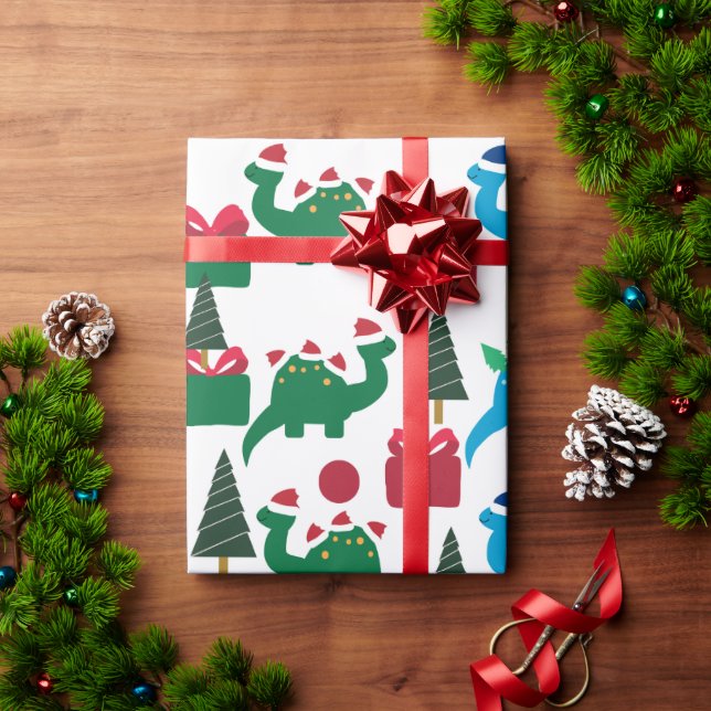 CHRISTMAS GIFT WRAP WITH DINOSAURS WITH SANTA HATS (Holiday Gift)