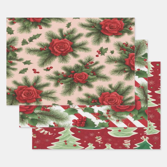 Christmas gift wrapping papers + in red and green paper sheet (Set)