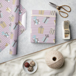 Christmas gifts and purple stripes pattern wrapping paper