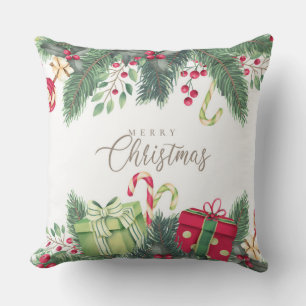 Christmas Gifts, Candy Canes and Holly Cushion
