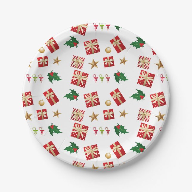 Christmas Gifts Candy Canes Stars Holly Paper Plate (Front)