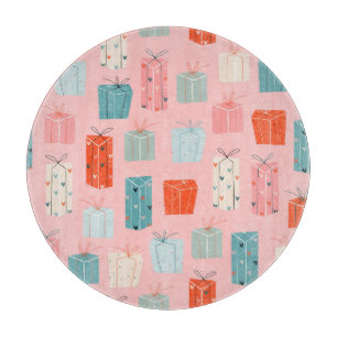 Christmas gifts, pink background, vintage pattern. cutting board