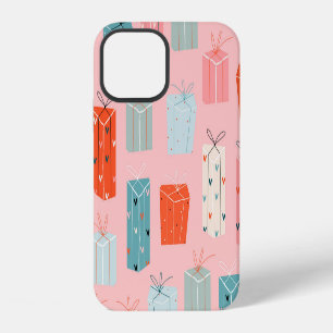 Christmas gifts, pink background, vintage pattern. iPhone 12 case