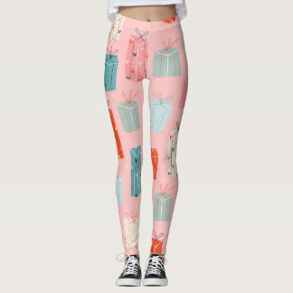 Christmas gifts, pink background, vintage pattern. leggings
