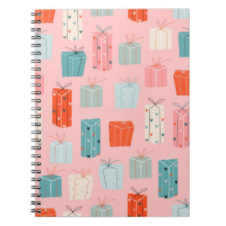 Christmas gifts, pink background, vintage pattern. notebook