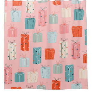 Christmas gifts, pink background, vintage pattern. shower curtain