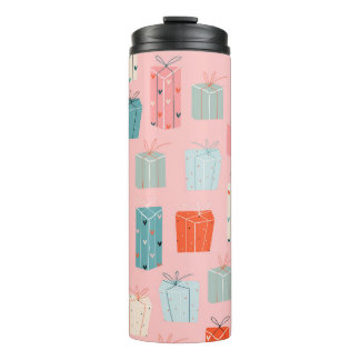 Christmas gifts, pink background, vintage pattern. thermal tumbler