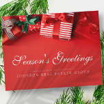 Christmas Gifts Red | Season's Greetings Postcard<br><div class="desc">Your business logo can be added

Available here:
http://www.zazzle.com/store/selectpartysupplies</div>