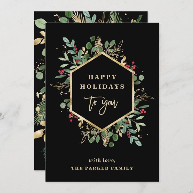 Christmas Gilded Greenery Black | Happy Holidays Holiday Card (Front/Back)