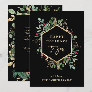 Christmas Gilded Greenery Black Happy Holidays Holiday Card