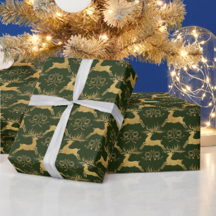 Christmas Gilded Leather Reindeer Green Wrapping Paper
