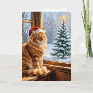 Christmas Ginger Cat In Farmhouse Window Card