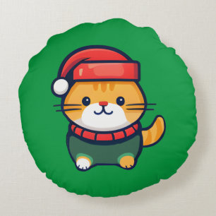 Christmas Ginger cat in Santa hat Round Cushion