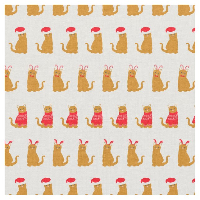 Christmas Ginger Cat Santa Hats Pattern on White Fabric (Close Up)