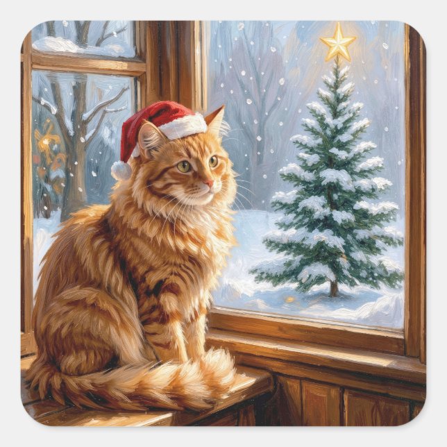 Christmas Ginger Cat Square Sticker (Front)